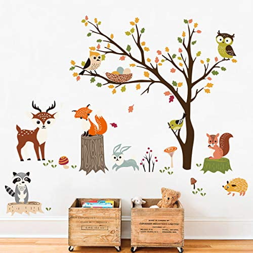 Decalmile Woodland Wall Decals Animals Tree Owl Fox Deer Wall Stickers Kids  Bedroom Baby Nursery Wall Decor - Walmart.Com