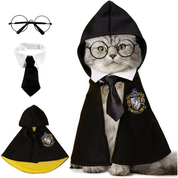 Cat Halloween Costume - Pet Wizard Costumes Mantle Magician Cosplay Clothes with Bowtie & Glasses Set, Festival Party Apparel for Small Pets Cats Dogs