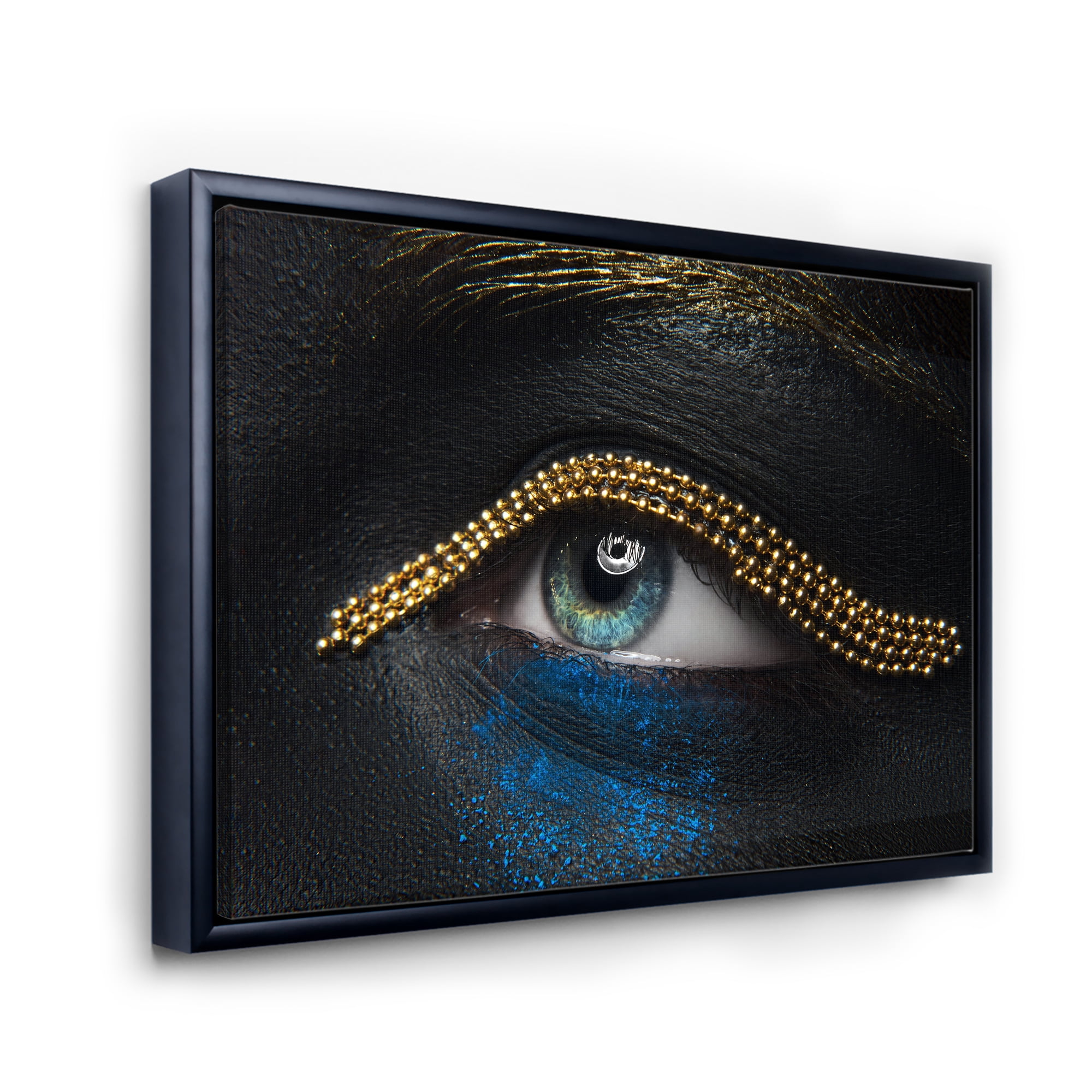 Designart 'Woman Eyes With Black Skin With A Gold Chain' Modern Framed Canvas Wall Art Print