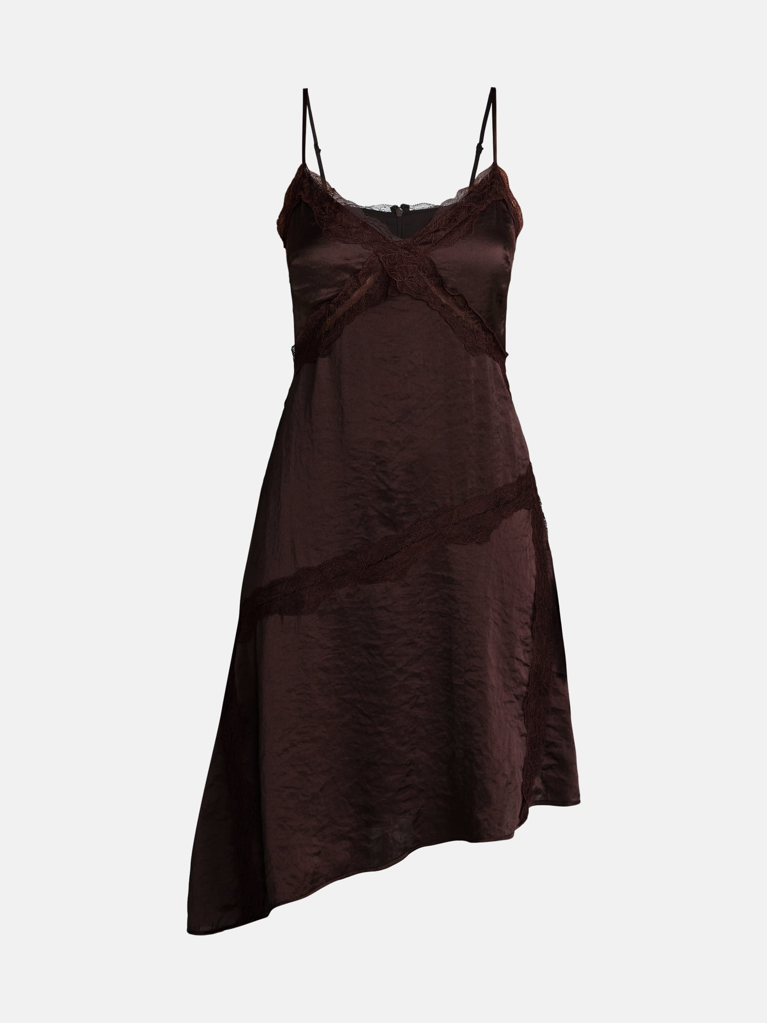 Madden NYC Women’s Lace Trim Satin Slip Dress with Asymmetrical Hem, Sizes XXS-XXL