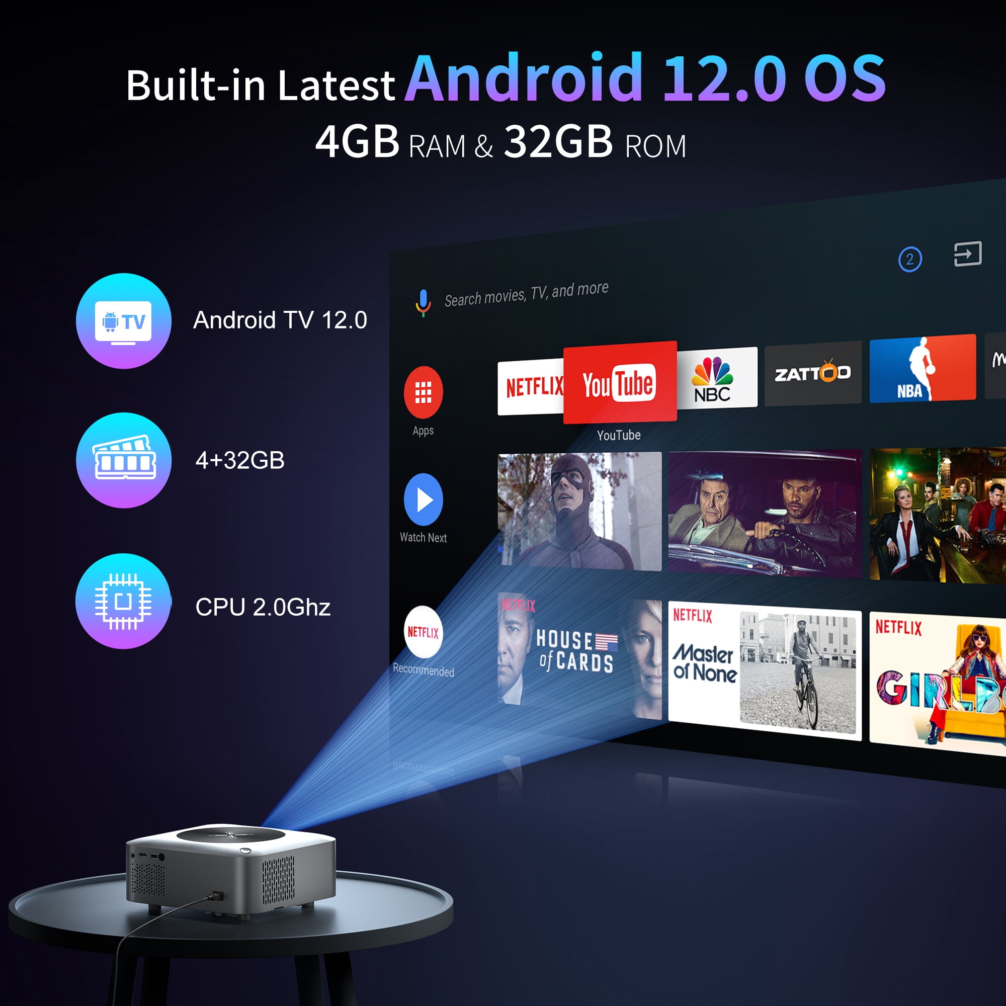 Smart Projector, 4K Projector Android TV 12.0 32GB Built-in Netflix, Youtube, Outdoor Projector with 5G WiFi Bluetooth, Electric Focus/Keystone, ZOOM, Max 300”, HDMI/USB/TV Stick/Laptop/PS5 Supported