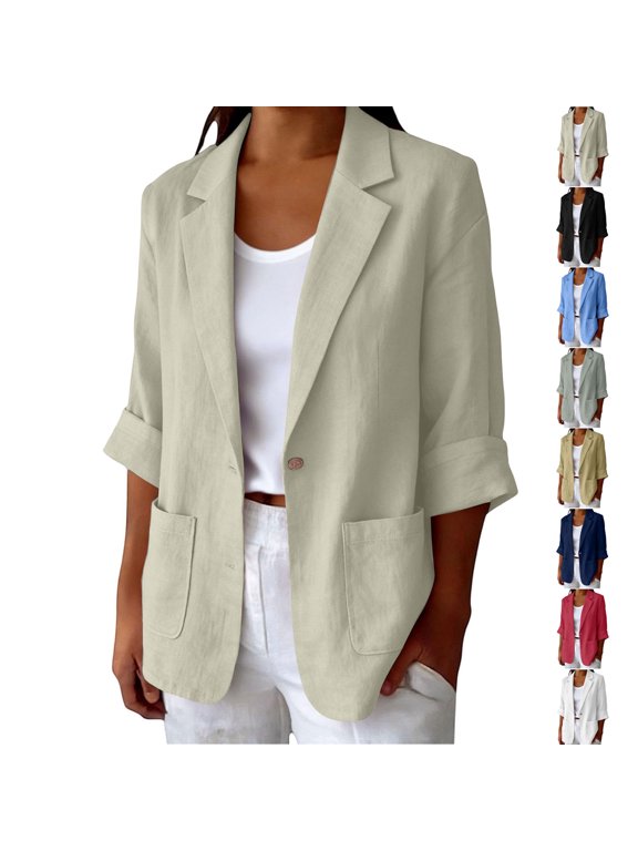 Linen Blazer Tops for Women Lightweight Notched Lapel Rolled Long Sleeve Jacket Loose Casual Single Breasted Button Solid Color Suit Coat with Pockets XXL