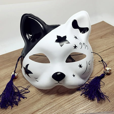 Japanese Fox Half Mask with Tassels and Small Bells Cosplay Mask for Masquerades Festival Costume Party Show Style:Cat J