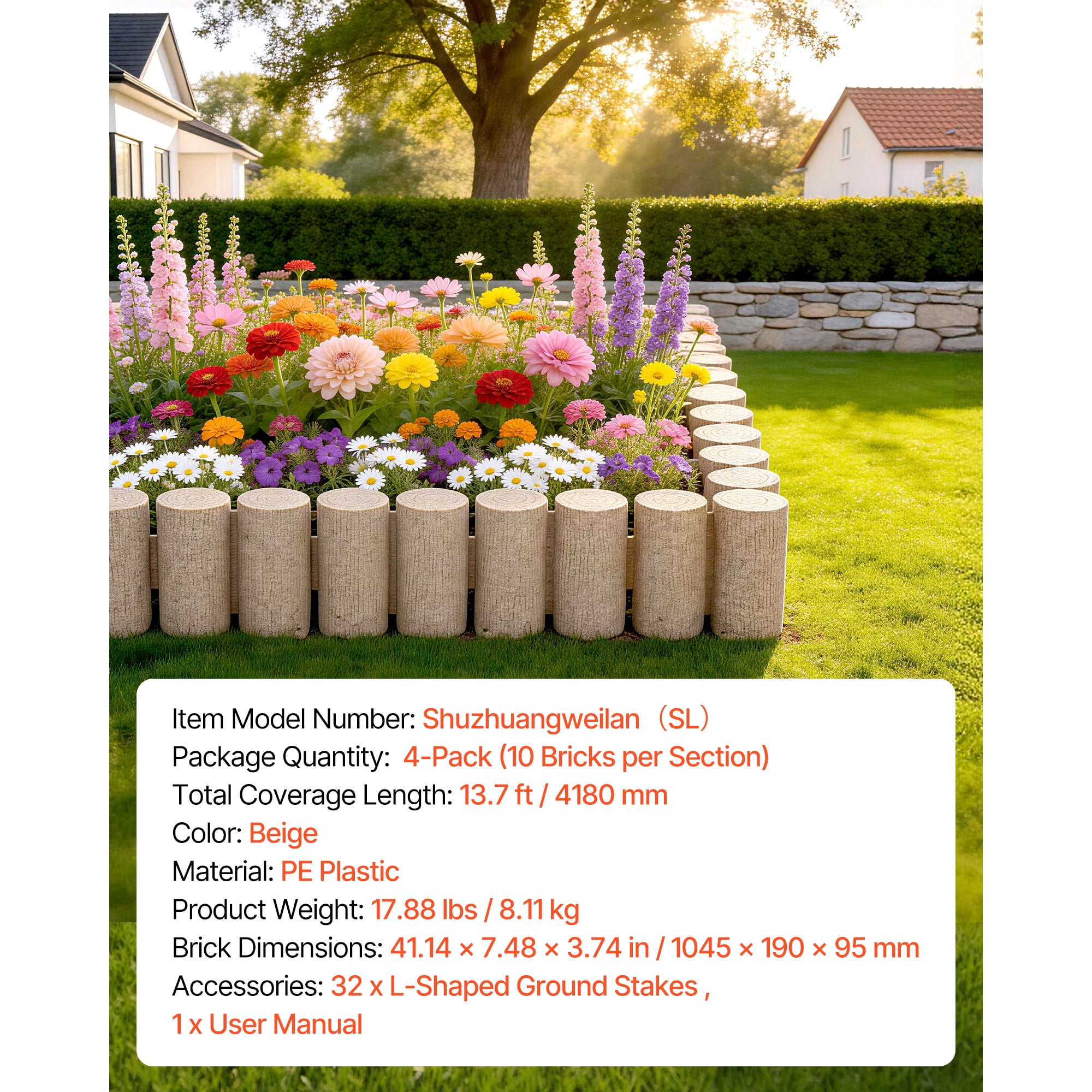 KFFKFF Faux Wood Garden Edging Kit, 13.7 ft No-Dig Border for Lawns, Flower Beds, Pathways, and Yards, 4 Sections with 10 Logs Each (41.14"L x 3.74"W x 7.48"H), Includes 32 Spikes, Beige