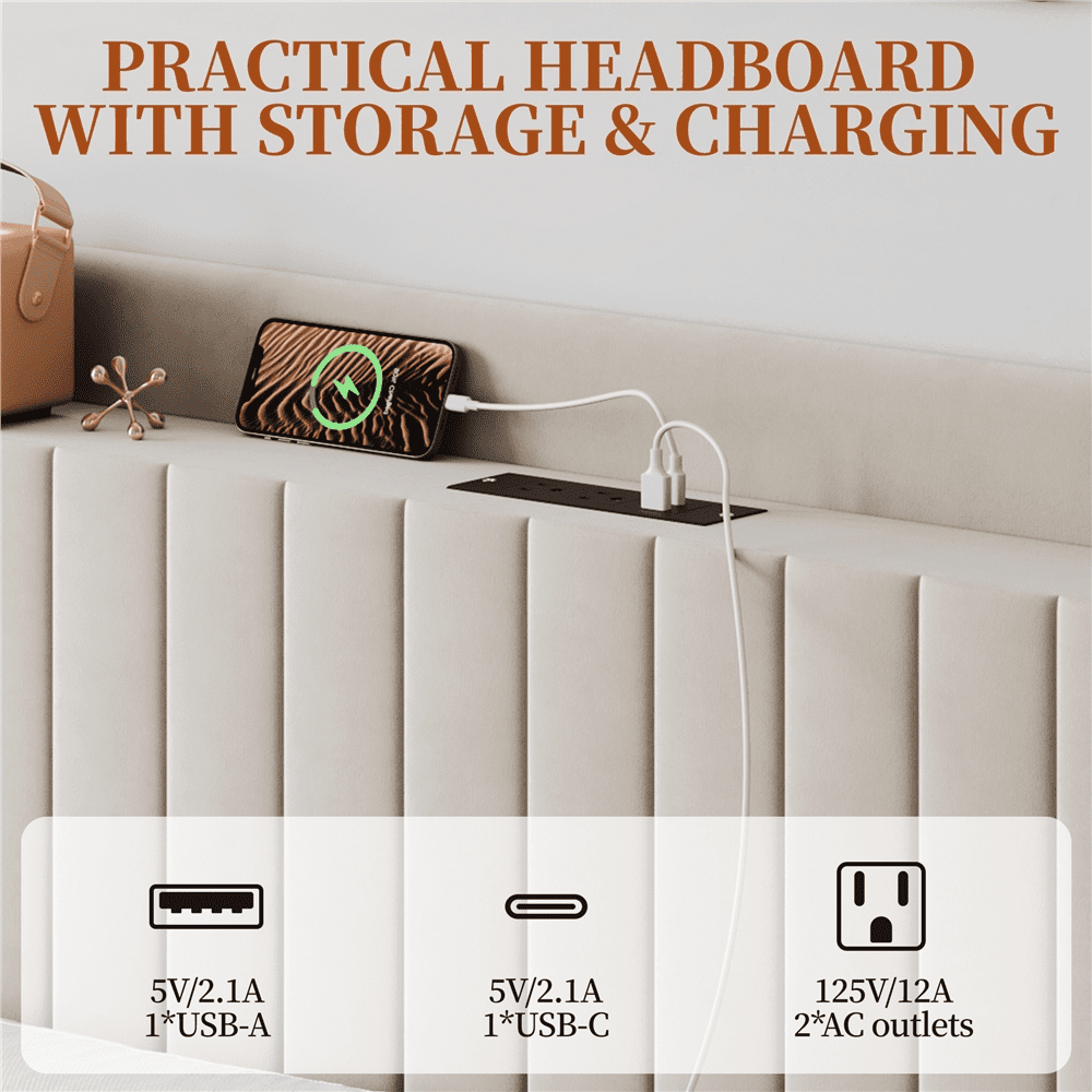 Fullfurnique Velvet Upholstered Bed Frame with Charging Outlets & USB Ports, Queen, Beige
