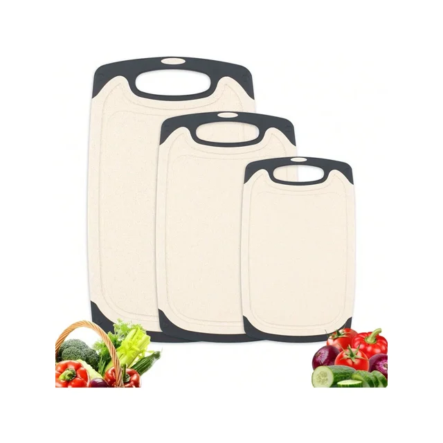 Juego de 3 tablas de cortar, tabla de cortar con asas antideslizantes, tablas de cortar de plástico de paja de trigo, tabla de cortar de cocina para carne, verduras, pan y frutas, oferta del,26024627
