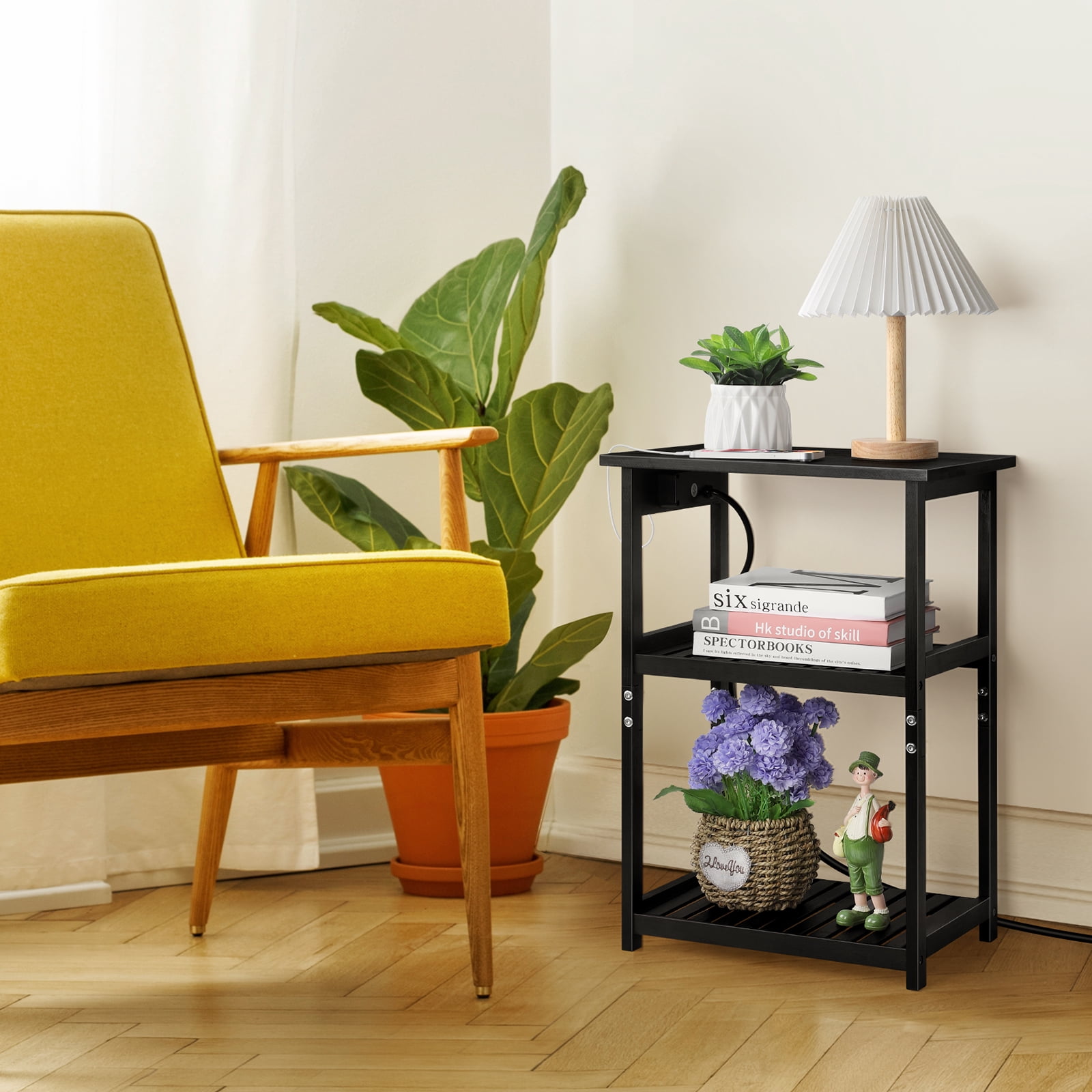 2 pack End Table with Charging Station and USB Ports 3-Tier Side Table NATURAL WOOD