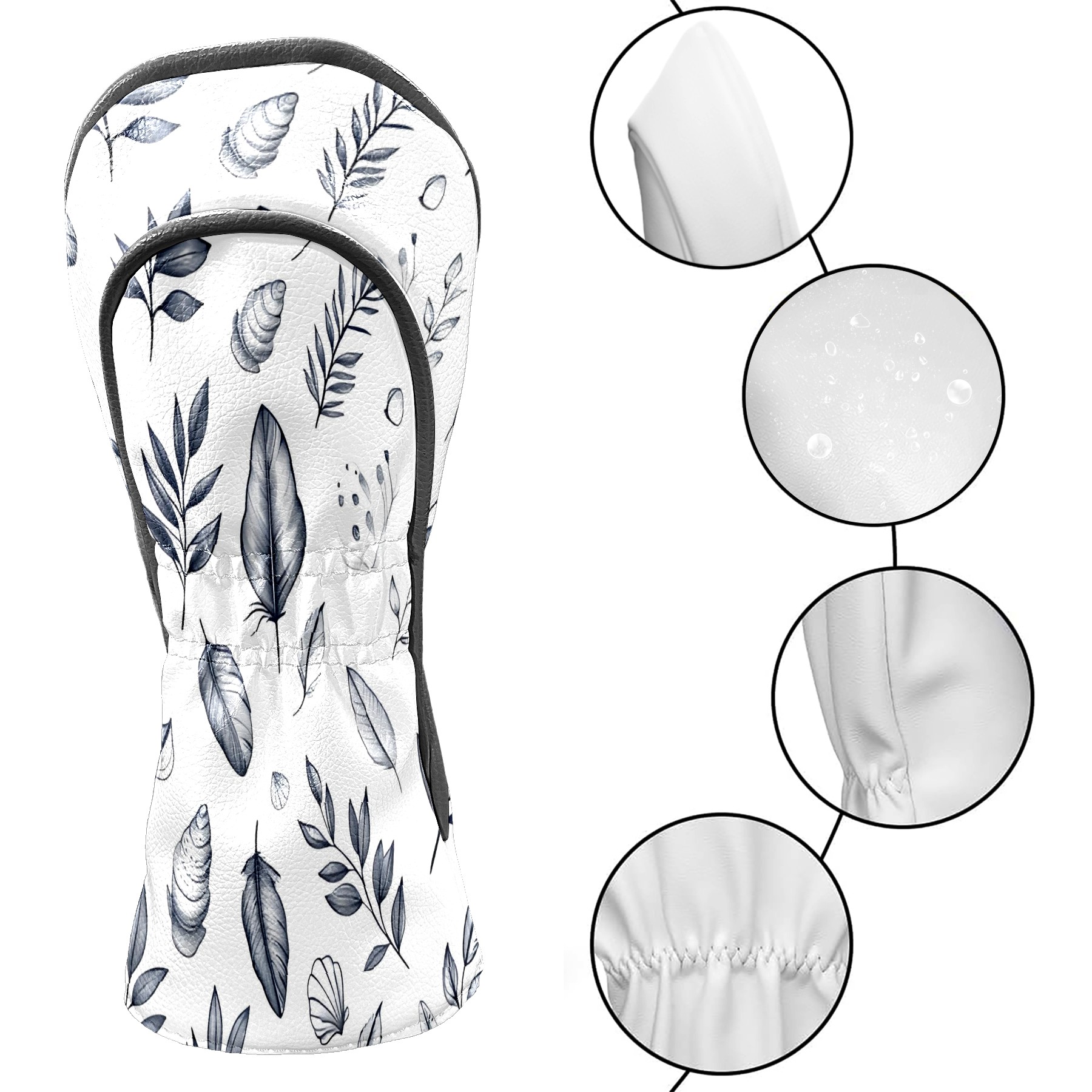 Golf Club Covers, White Leaf Premium PU Leather Driver Hybrid Putter Head Covers with Velvet Lining, Waterproof Golf Gifts for Men Women