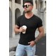 thumbnail image 2 of ABPHQTO Camiseta de punto acanalado con cuello en V de hombre de color negro, 2 of 5