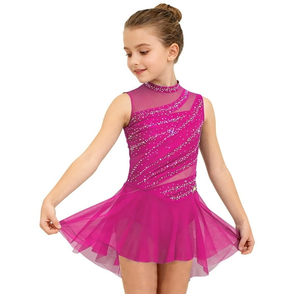 Zaldita Kids Girls Sleeveless Sparkly Figure Ice Skating Dress Chiffon Skirted Leotard Modern Lyrical Dancewear Hot Pink 10