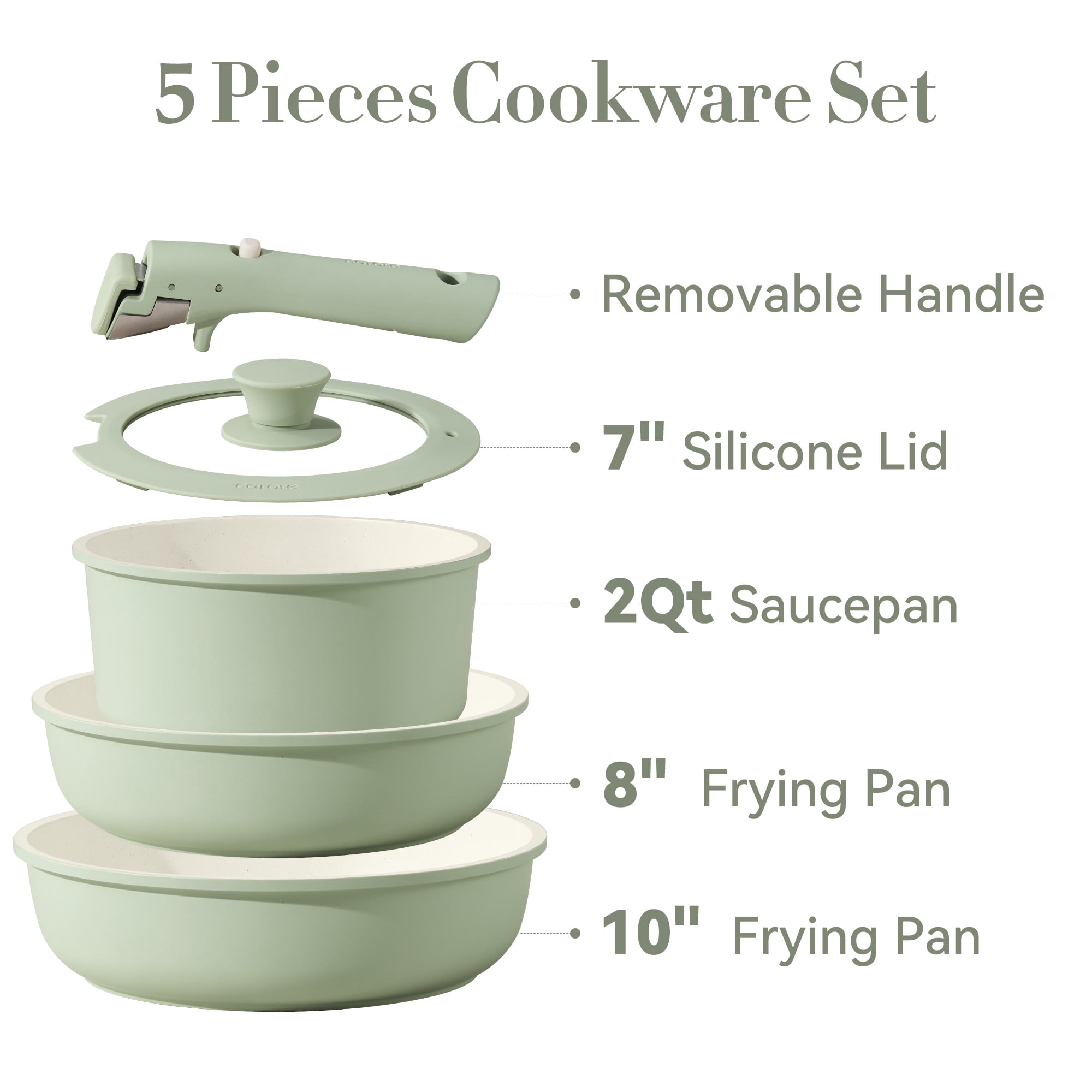Carote 5 Pcs Pots and Pans Nonstick, Cookware Set with Detachable Handles, Oven Safe, Induction Ready, Stackable Kitchen Cooking Set, Green