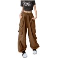 thumbnail image 2 of Fengqque Cargo Pants for Women Wide Leg Casual High Waist Baggy Elastic Drawstring Hiking Track Sweatpants Brown XXL, 2 of 9