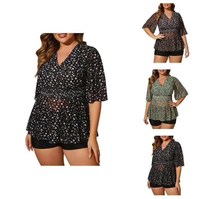 Womens Swimsuits Tankini Plus Size Modest Short Sleeve V Neck Floral Swim Dress with Bottom Two Piece Bathing Suits for Women