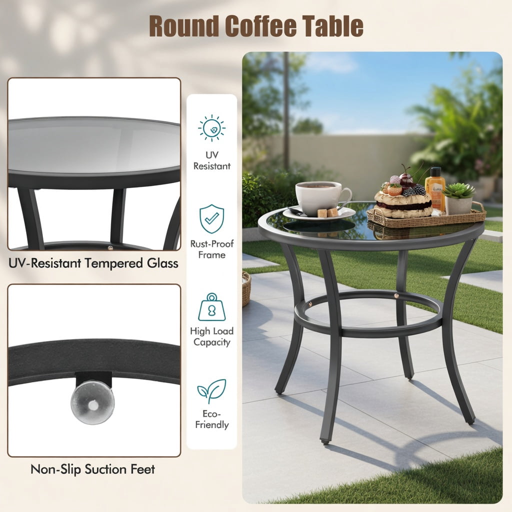 Hommoo 4-Piece Modern Outdoor Wicker Furniture Set with Tempered Glass Coffee Table, Rattan & Metal Frame, White