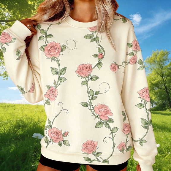 AUNVITO Women's Crew Neck Print Sweatshirt Oversized Long Sleeve Casual Comfortable Style