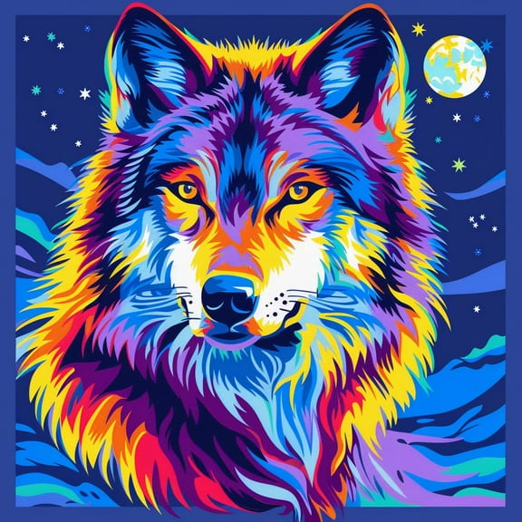 Night Colorful Wolf DIY 11CT Stamped Cross Stitch Kits for Beginners Easy Needlepoint Embroidery Counted Cross Stitch Art Craft for Wall Decoration 14x14inch(7)