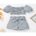 thumbnail image 3 of Kids Girls Clothes Sets Off Shoulder Short Sleeve Tops + Short Pants Plaid Printed Outfits Summer, 3 of 10