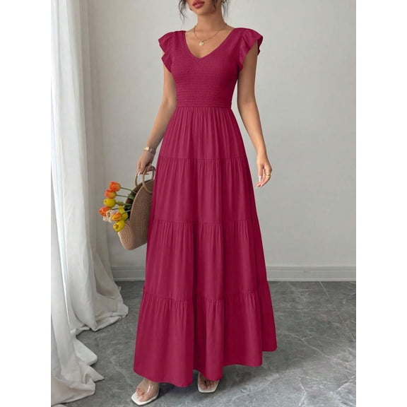 Burgundy Womens V-Neck Flowy Maxi Dress With Ruffled Cap Sleeves And Tiered Skirt