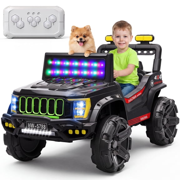 Ferhtm 12V Kids Electric Ride-On Car, Battery Powered Vehicle w/ LED Lights & Bluetooth Music for Boys Girls Ages 3-8