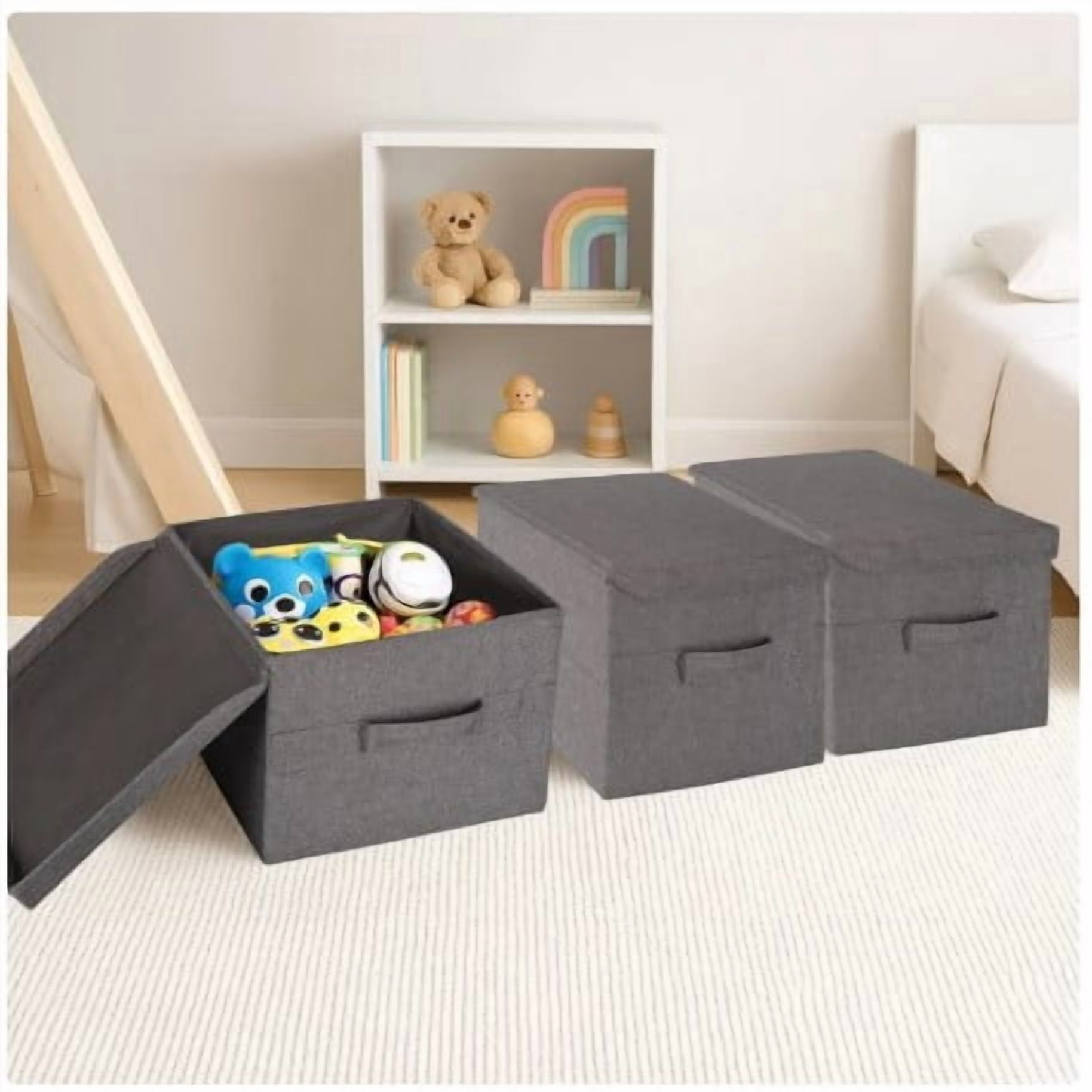 Allspace 3-Pack Fabric Storage Organizer with Lids, Collapsible Storage Bins with Handles, Gray