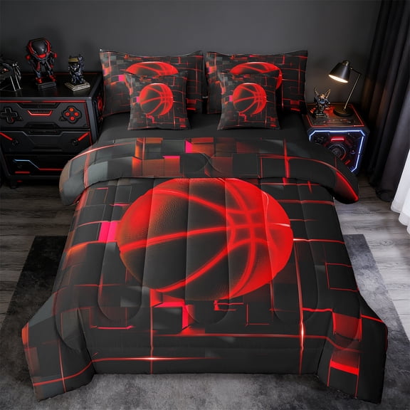 Erosebridal Red Basketball Bedding Twin Size,Modern Geometric Grid Comforter Sets with Sheets,Glowing Neon Light Bedding Sets Twin Size For Teens,Breathable Room Decor Reversible,7pcs