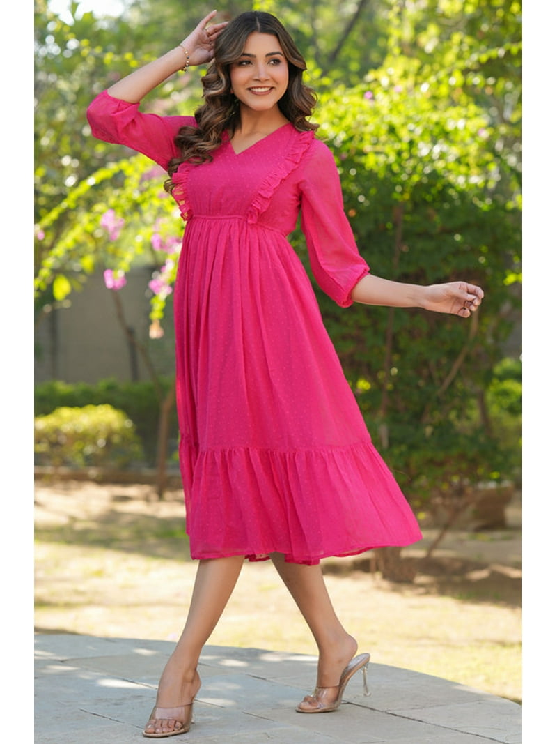 Pink Dobby Chiffon Self Design Fit & Flare Dress