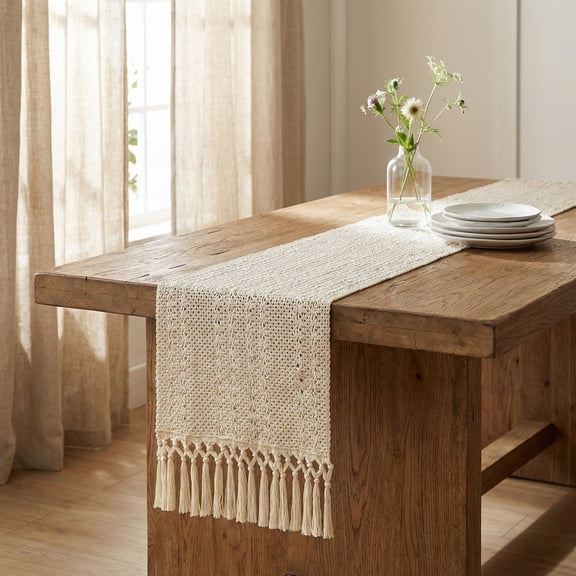 Unique Bargains Kitchen Decor Table Runner with Tassel Flower Pattern 11.8x63in