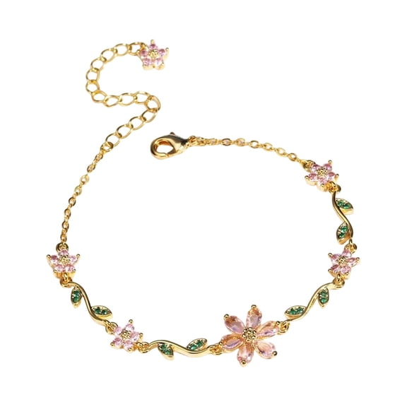 Chanana Pink Crystal Cherry Blossom Flower Bracelet For Women Fashion Cute Delicate CZ-Petal Floral Sakura Bangle Bracelets Adjustable Sweet Dainty Trendy Spring Valentine's Day Jewelry Gifts