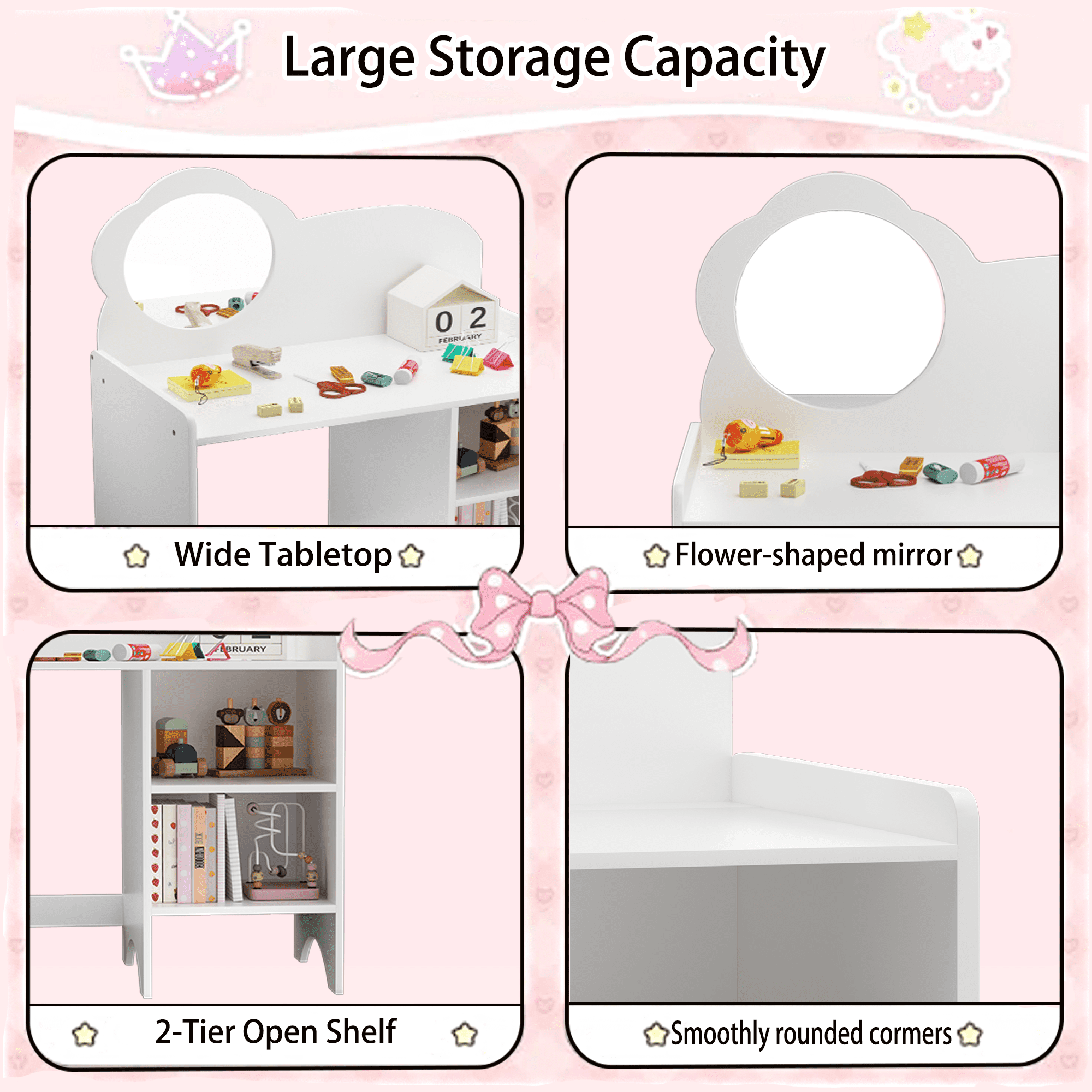 Kids Vanity Table with Mirror,Wooden Dressing Makeup Desk with Storage Shelves with Chair,Study Table for Bedroom,White