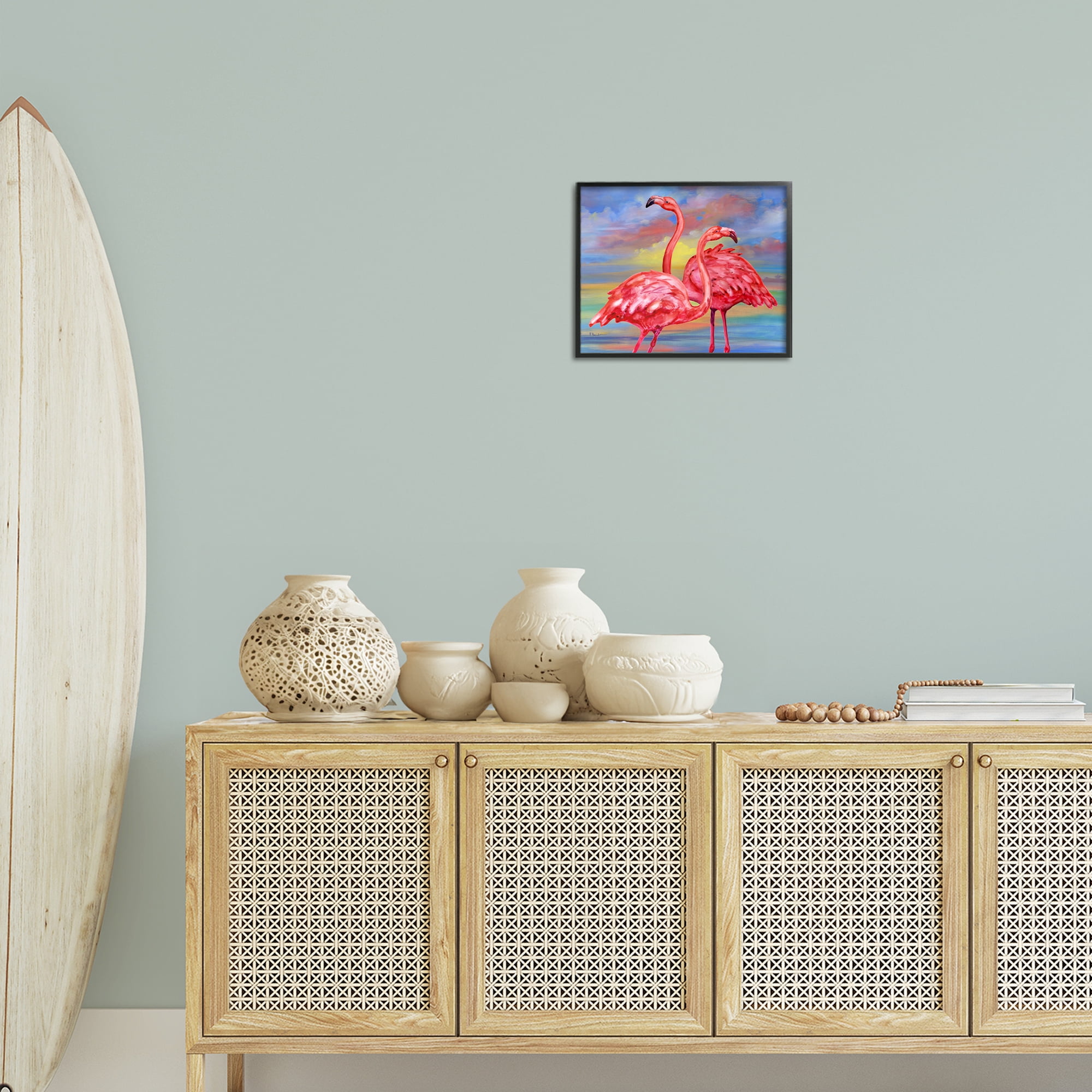 Stupell Industries Rainbow Sunset Flamingos Animals & Insects Painting Black Framed Art Print Wall Art, 14 x 11