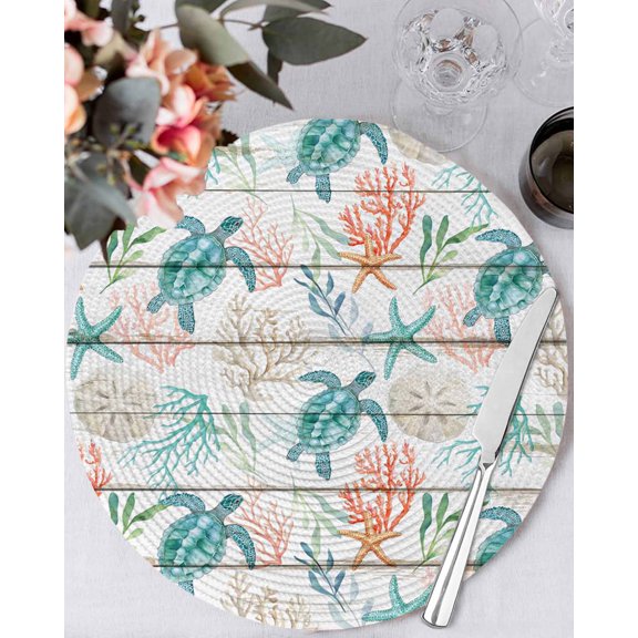 13 Inch Round Placemats Set of 4, Teal Red Coastal Non Slip Heat Insulation PP Table Mats, Beach Nautical Sea Turtle Coral Starfish Vintage Washable Place Mats for Kitchen Dining Party Table Decor