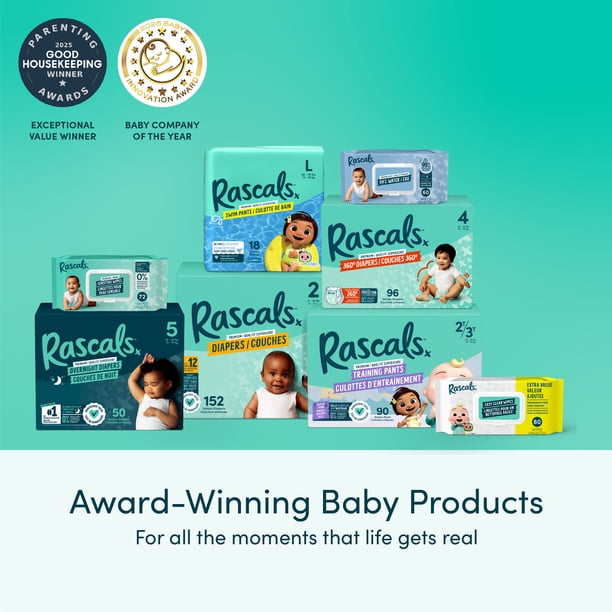 Rascals Overnight Absorbent Baby Diapers, Size 4, Carton, 58 Count