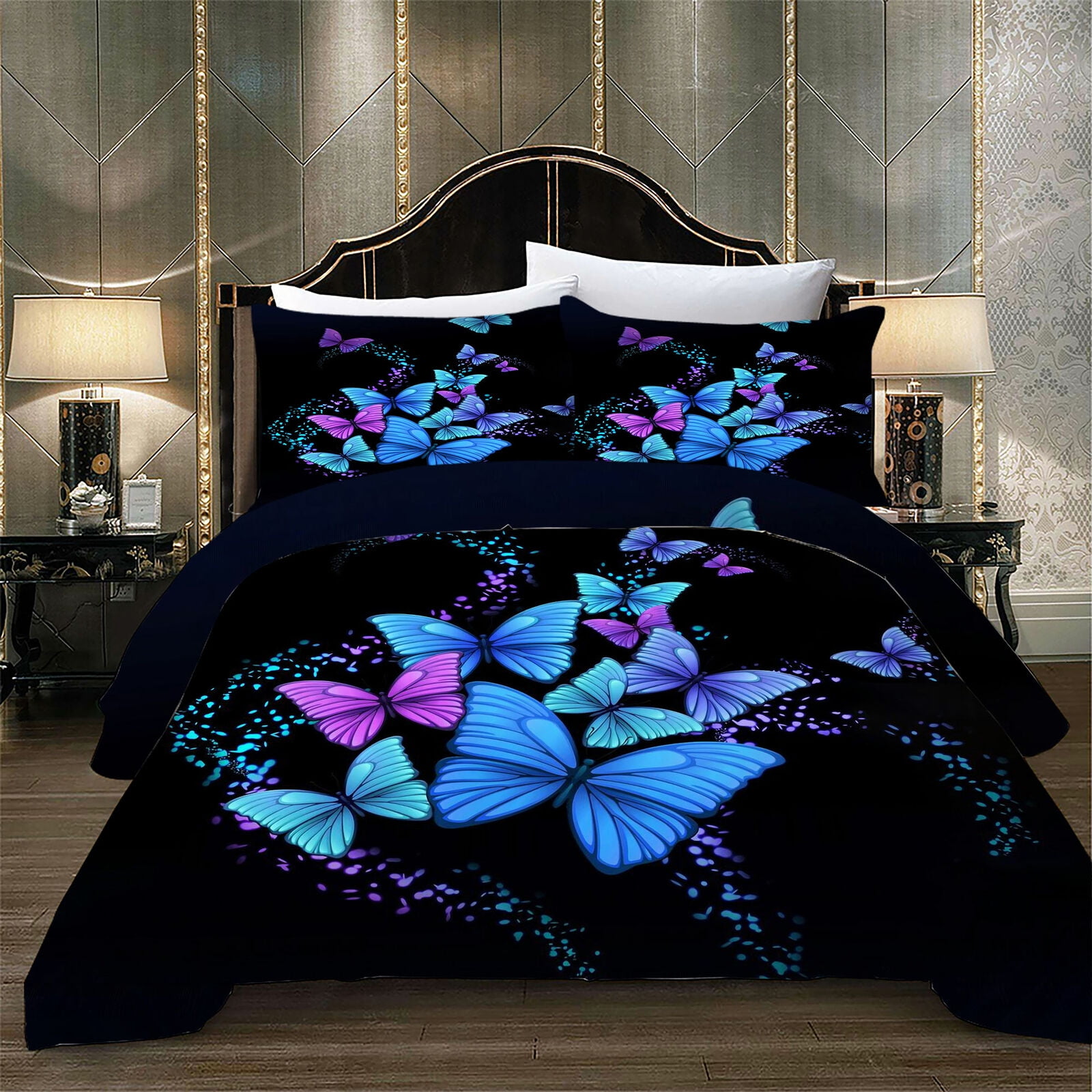 3D Blue Colorful Butterfly Print Bedding Set Duvet Cover Set with Bag Home Textiles Woman Girl Bed Cover,King (90"x104")