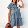 thumbnail image 2 of Robes Décontractées pour Femmes Couleur Unie Manches Courtes Robe Courte en Denim Mini Robe d'Été de Plage pour Dames, 2 of 7