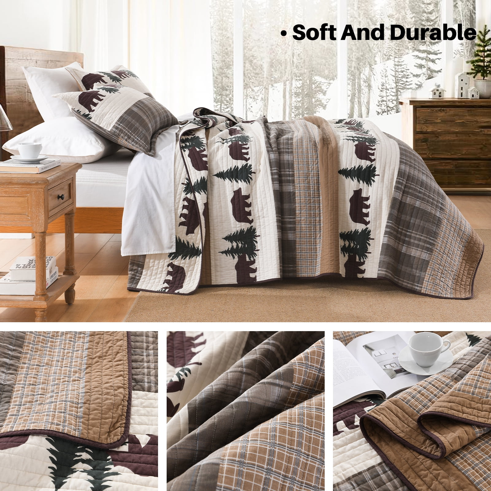 Bedduvit Rustic Lodge Queen Quilt - 100% Organic Cotton Quilt Sets, Cabin Animal Farmhouse Lightweight Bedspread for Queen Beds, Bear Tree Brown White Striped Cottage Bedding Set with 2 Pillow Shams
