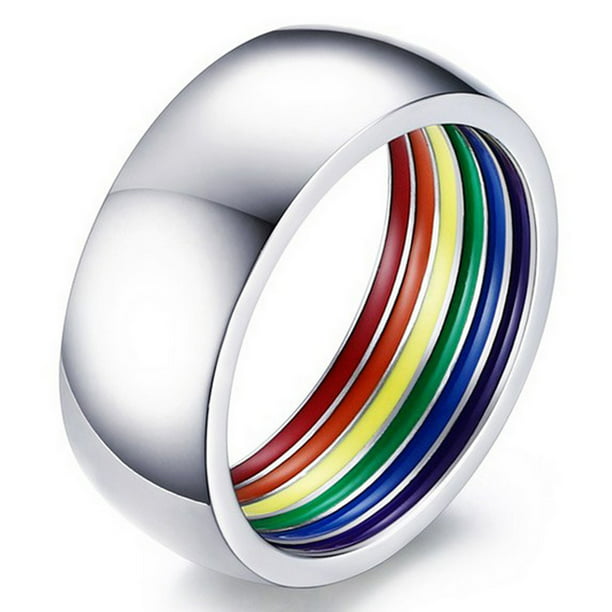 Unisex LGBT Pride Rainbow Enamel Comfort fit Wedding Band in Stainless Steel, For Men and Women