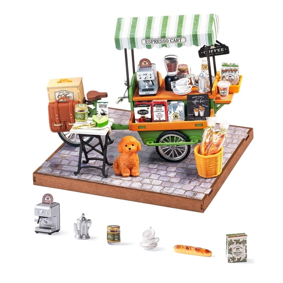 Robotime Aromatic Coffee Cart DIY Miniature House Kit, Tiny House Craft Kit to Build for Adults, 162PCS Wooden 3D Puzzle Building Toy Gifts for Adults Teens Kids