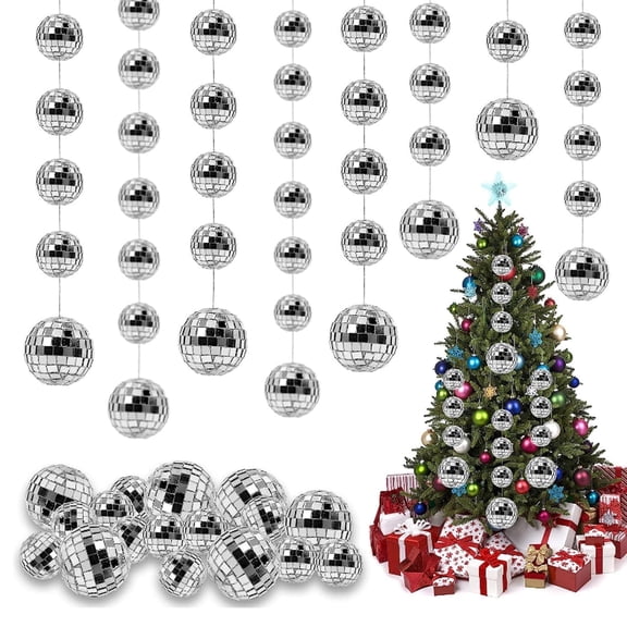 BESTSKY 2 Strings of Disco Ball，Silver Hanging Disco Light Mirror Ball with Attached String，Mini Disco Balls Party Decorations