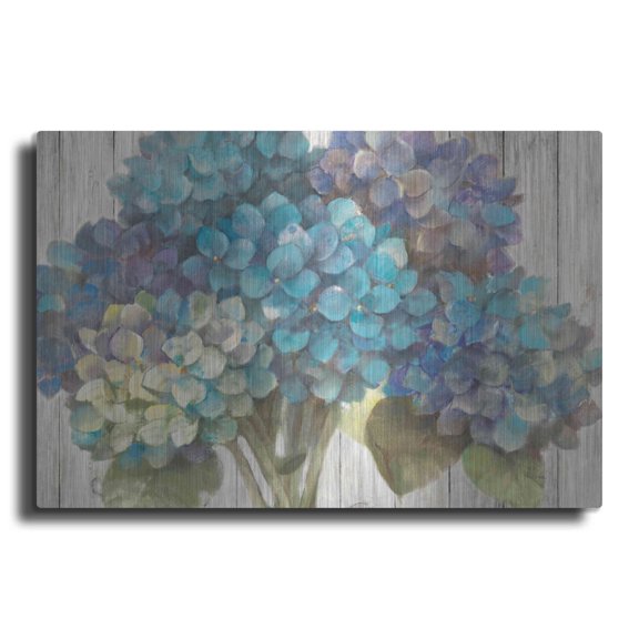Luxe Metal Art 'Turquoise Hydrangea on Barn Board' by Albena Hristova, Metal Wall Art, 36"x24"