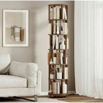 6 Tier Solid Wood Rotating Bookshelf with Wheels, Round Revolving Bookcase, 360° Spinning Storage Shelf for Small Space, Corner, Bedroom, Office