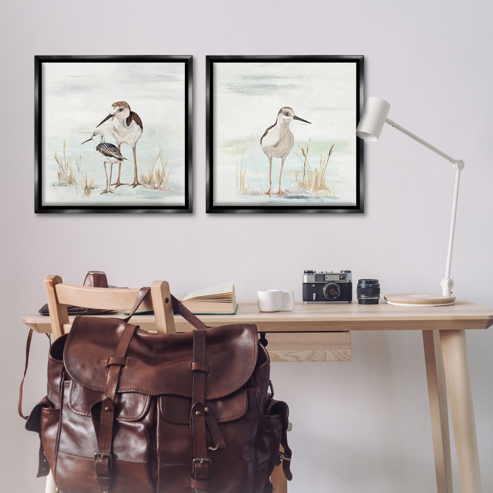 Stupell Industries Sandpipers Among Beach Grasses Animals & Insects Painting Black Floater Framed Canvas Art Print Wall Art, 25 x 25, Set of 2