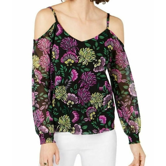 INC International Concepts Women's Cold Shoulder Floral V Neck Blouse Black Size Petite Small