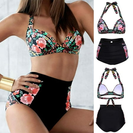 - Senfloco Women Floral Printed Swimsuit Bikini Set Bathing Suit with Adjustable halter Neck Design and High-waisted Bottom