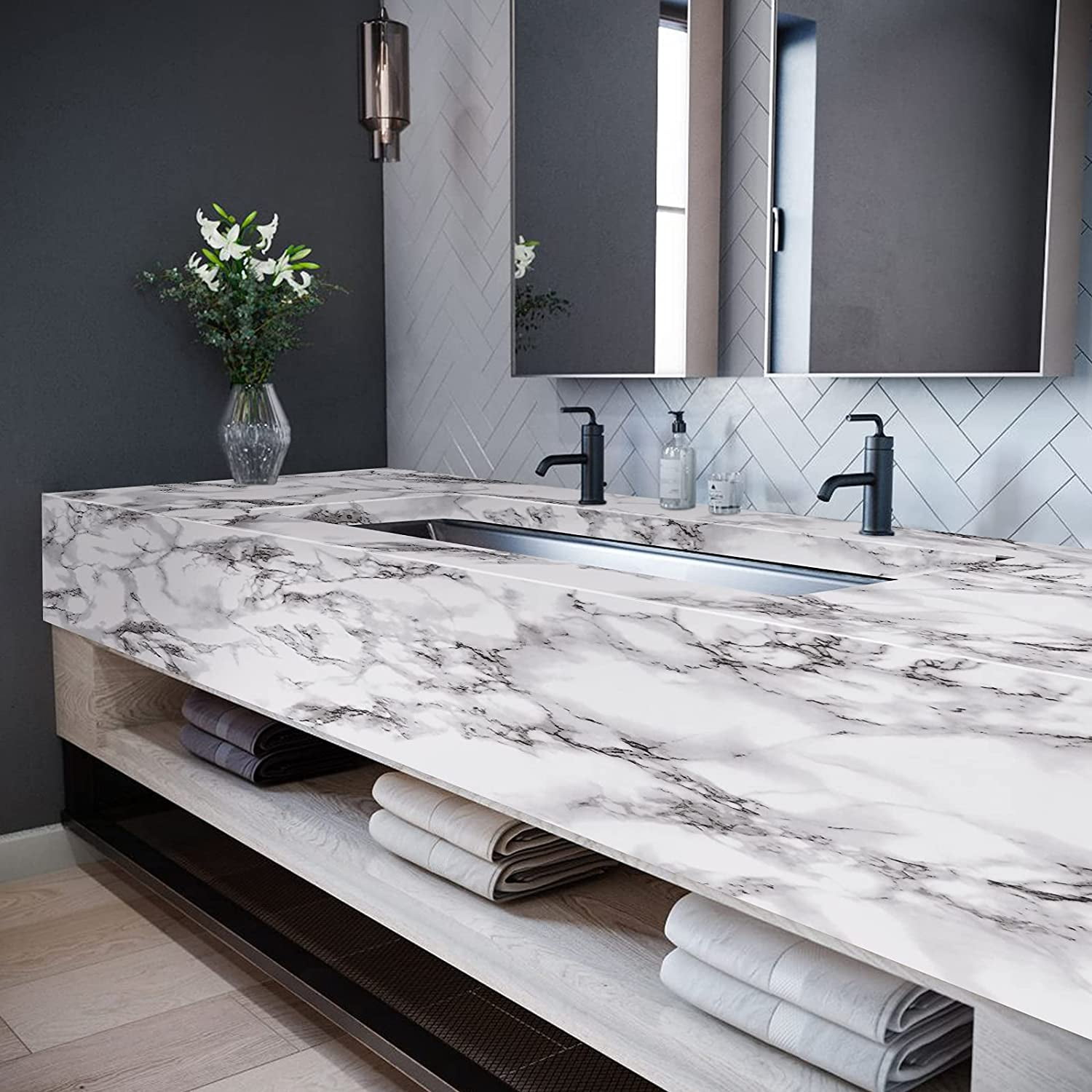 Caltero Marble Wallpaper Black White Granite Wallpaper Peel and Stick Self Adhesive Contact Paper,15.7" x 394"