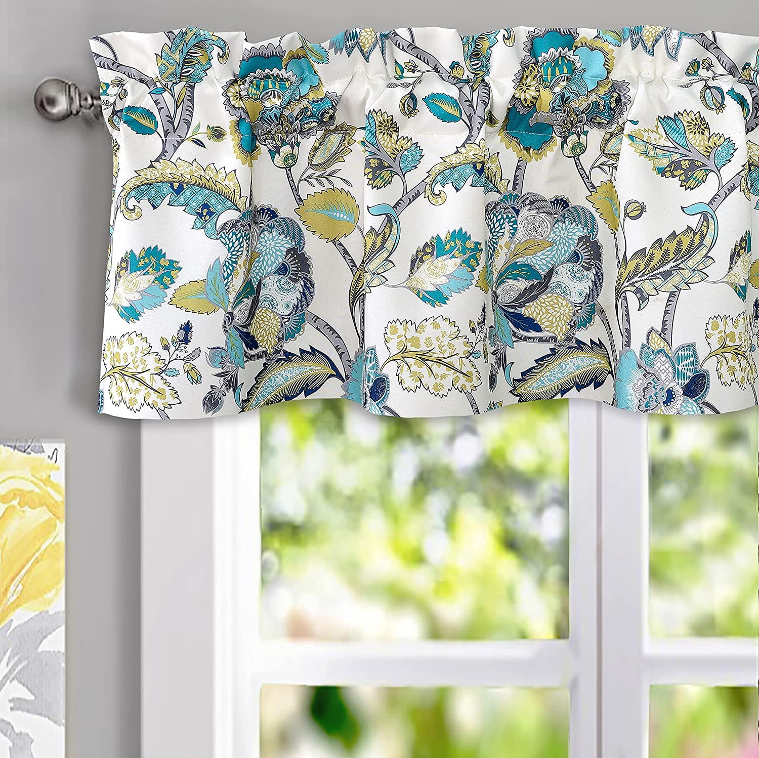DriftAway Layla Classic America Style Floral Leaves Room Darkening Window Curtain Valance Rod Pocket Single 52 Inch by 14 Inch Plus 2 Inch Header Teal Gray