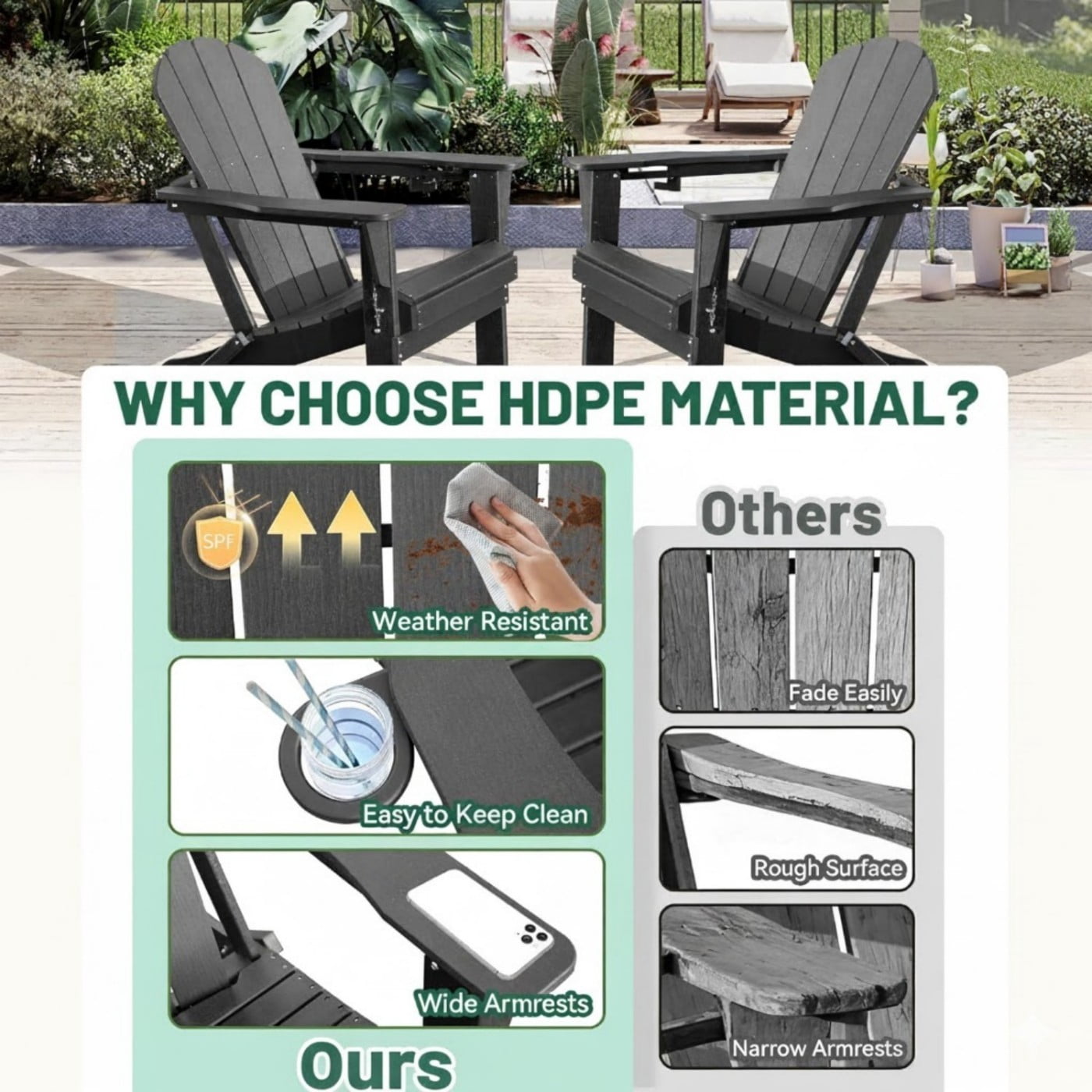 Adirondack Chairs Set of 2, Folding HDPE Outdoor Chairs with Cup Holders, Weather Resistant Patio Chairs with Wood Grain Finish for Lawn, Deck, Fire Pit, Gray