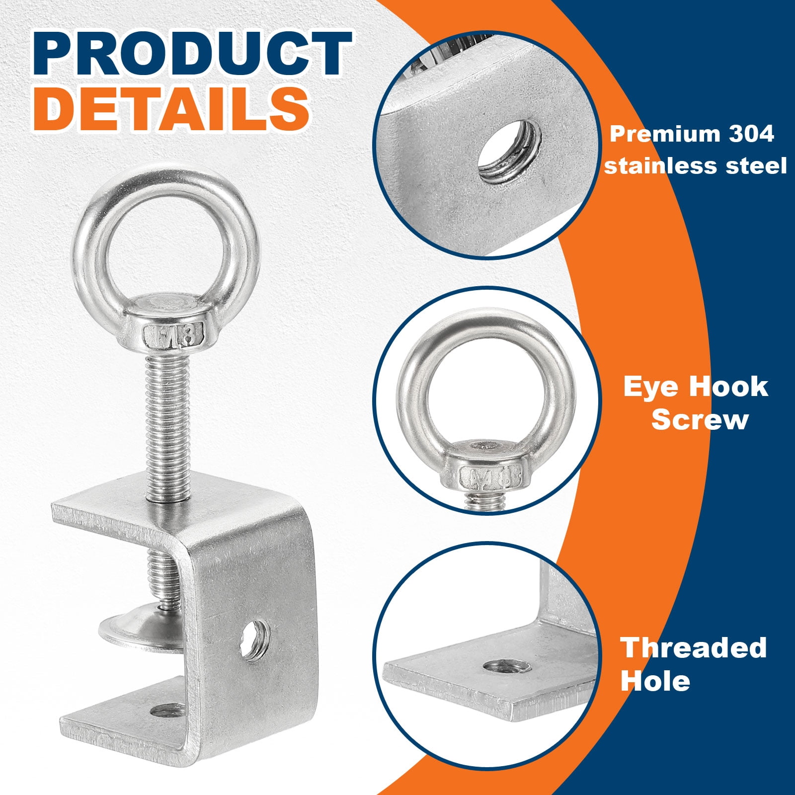 Uxcell2 Pcs 304 Stainless Steel C Clamps 45mm Square Mini Tiger Clamp Adjustable Heavy Duty Metal U Clip with Eye Hook Screw for Woodworking Welding Mounting, Silver