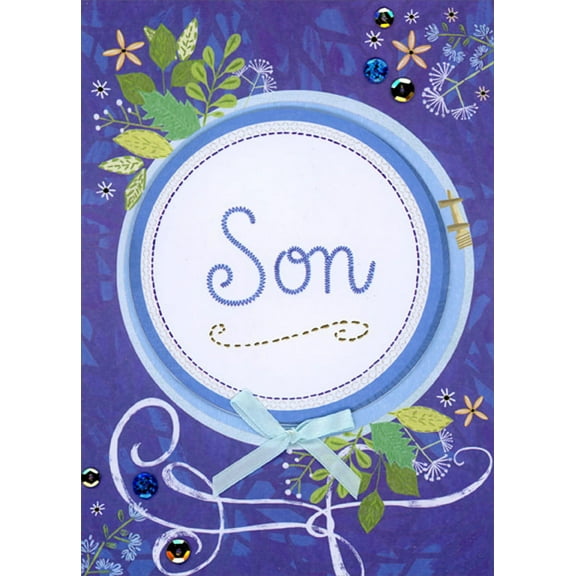 Designer Greetings Circular 3D Tip On Banner, Blue Ribbon, Blue and Gold Sequins : Small Leaves and Flowers on Purple Hand Decorated Easter Card for Son