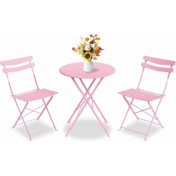 Senfot 3-Piece Folding Bistro Set, Steel Frame Patio Table & 2 Chairs – Space-Saving Outdoor Furniture for Balcony, Patio & Garden, Pink