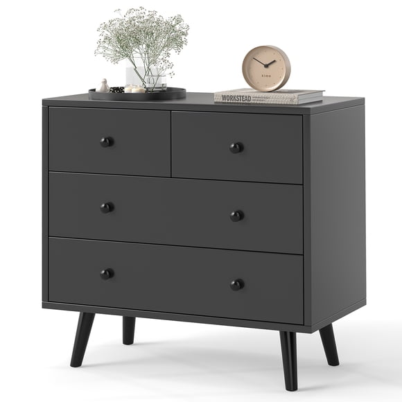 Patiojoy 4 Drawer Dresser Wooden Storage Dresser Chest with Anti-Toppling Kits Black